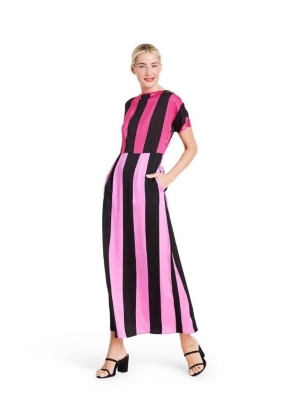 Designer Christopher John Rogers Pink and Black Striped Maxi Dress